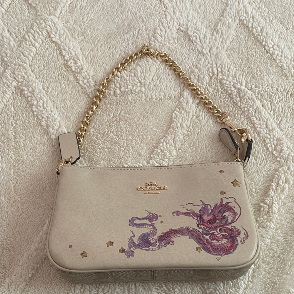 Coach Cream and Purple Dragon Print Clutch